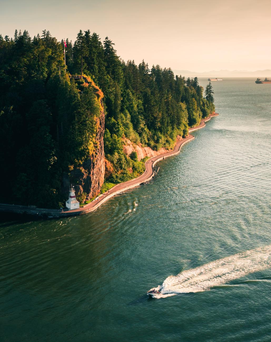 A body of water meeting the edge of an island with a road and forest.